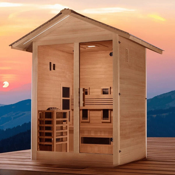 Front Left Side View Golden Designs Carinthia 3-Person Hybrid Outdoor Sauna | GDI-8123-01 Shown In An Outdoor Setting With Mountains In The Background