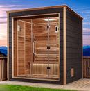 Front Left Side View Of The Golden Designs Drammen 3-Person Outdoor Sauna | GDI-8203-01 Shown In An Outdoor Setting