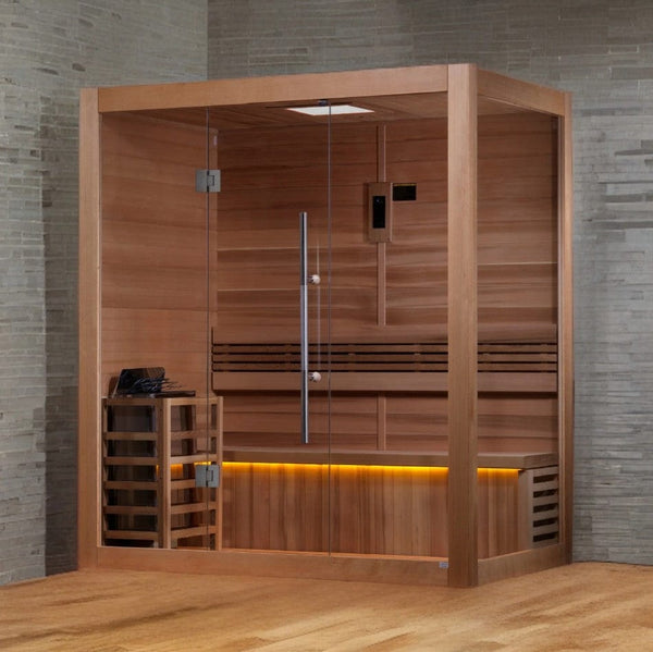 Front Left Side View Of The Golden Designs Forssa 3-Person Indoor Sauna | GDI-7203-01 Shown In An Indoor Setting