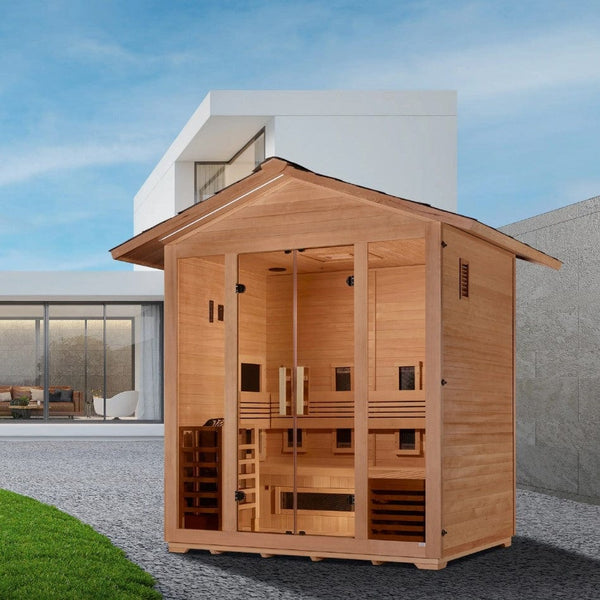 Front Left Side View Of The Golden Designs Gargellen 5-Person Hybrid Outdoor Sauna | GDI‐8125‐01 Shown In An Outdoor Setting