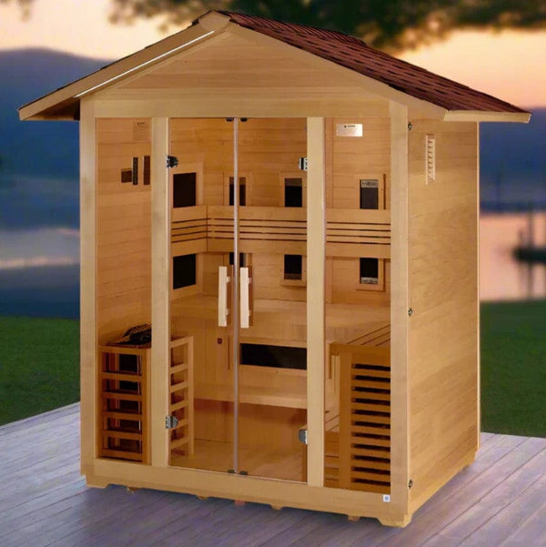 Front Left Side View Of The Golden Designs Gargellen 5-Person Hybrid Outdoor Sauna | GDI‐8125‐01 Shown In An Outdoor Setting With A Lake In The Background