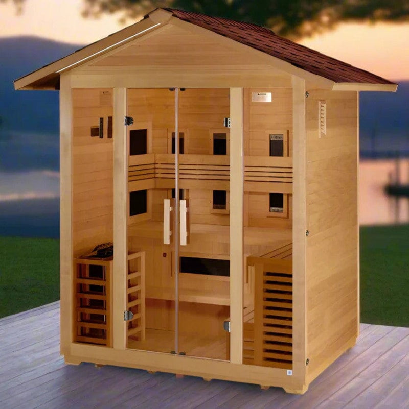 Front Left Side View Of The Golden Designs Gargellen 5-Person Hybrid Outdoor Sauna | GDI‐8125‐01 Shown In An Outdoor Setting With A Lake In The Background