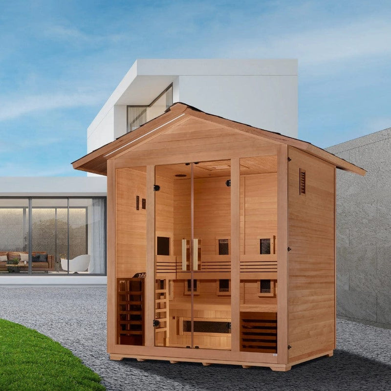 Front Left Side View Of The Golden Designs Gargellen 5-Person Hybrid Outdoor Sauna | GDI‐8125‐01 Shown In An Outdoor Setting