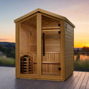 Front Left Side View Of The Golden Designs Kaarina 6-Person Outdoor Sauna | GDI-8506-01 Shown In An Outdoor Setting