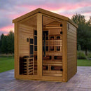 Front Left Side View Of The Golden Designs Kaskinen 6-Person Hybrid Outdoor Sauna | GDI-8526-01 Shown In An Outdoor Setting