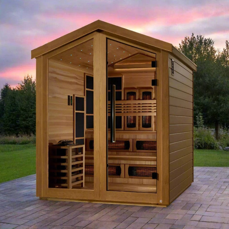 Front Left Side View Of The Golden Designs Kaskinen 6-Person Hybrid Outdoor Sauna | GDI-8526-01 Shown In An Outdoor Setting