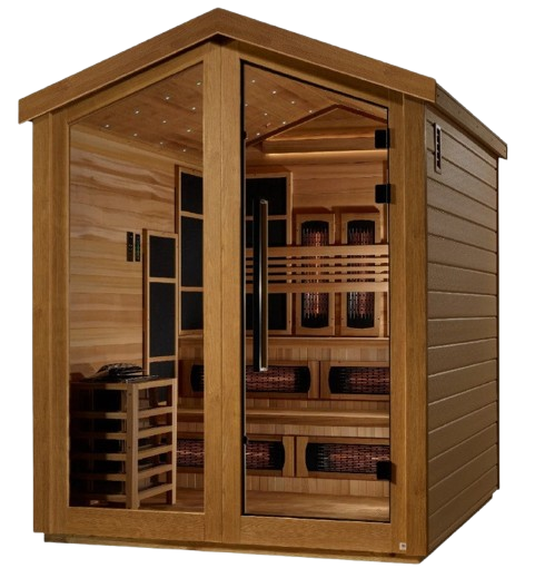 Front Left Side View Of The Golden Designs Kaskinen 6-Person Hybrid Outdoor Sauna | GDI-8526-01