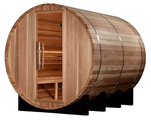 Front Left Side View Of The Golden Designs Klosters 6-Person Barrel Sauna | GDI-B006-01