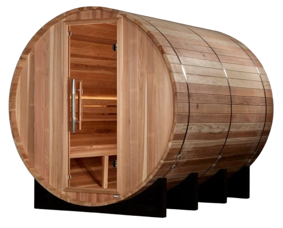 Front Left Side View Of The Golden Designs Klosters 6-Person Barrel Sauna | GDI-B006-01