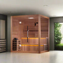 Front Left Side View Of The Golden Designs Kuusamo 6-Person Indoor Sauna | GDI-7206-01 Shown In An Indoor Setting