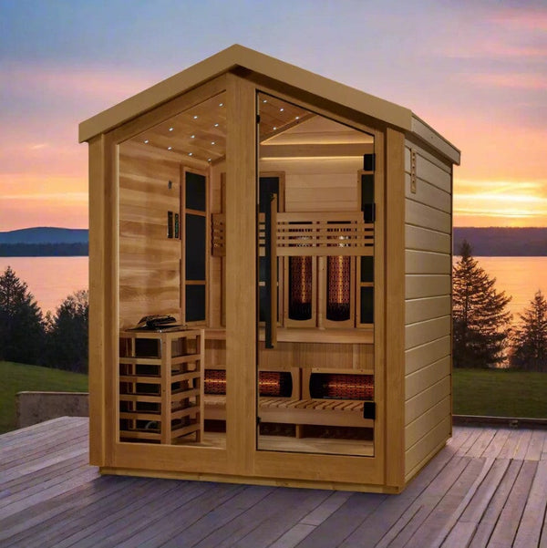 Front Left Side View Of The Golden Designs Loviisa 3-Person Hybrid Outdoor Sauna | GDI-8523-01 Shown In An Outdoor Setting