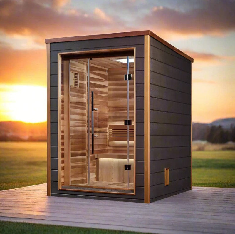 Front Left Side View Of The Golden Designs Narvik 2-Person Outdoor Sauna | GDI-8202-01 Shown In An Outdoor Setting