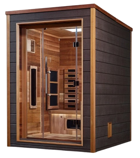 Front Left Side View Of The Golden Designs Nora 2-Person Hybrid Outdoor Sauna | GDI-8222-01