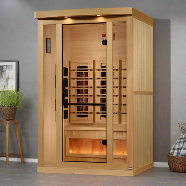 Front Left Side View Of The Golden Designs Reserve Edition 2-Person Full Spectrum EMF Indoor Sauna With Himalayan Salt Bar | GDI-8020-03 Shown In An Indoor Setting