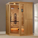 Front Left Side View Of The Golden Designs Reserve Edition 3-Person Full Spectrum EMF Corner Indoor Sauna With Himalayan Salt Bar | GDI-8035-03 Shown In An Indoor Setting