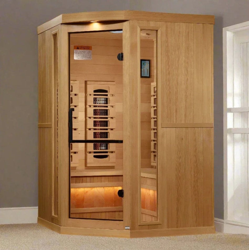 Front Left Side View Of The Golden Designs Reserve Edition 3-Person Full Spectrum EMF Corner Indoor Sauna With Himalayan Salt Bar | GDI-8035-03 Shown In An Indoor Setting