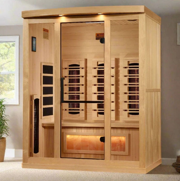 Front Left Side View Of The Golden Designs Reserve Edition 3-Person Full Spectrum EMF Indoor Sauna With Himalayan Salt Bar | GDI-8030-03 Shown In An Indoor Setting