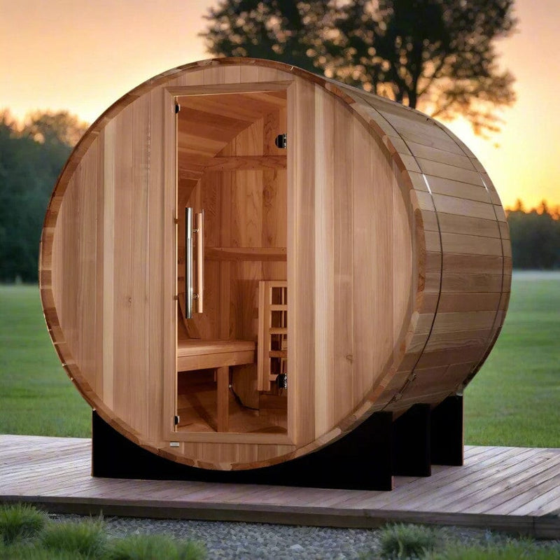 Front Left Side View Of The Golden Designs St. Moritz 2-Person Barrel Sauna | GDI-B002-01 Shown In An Outdoor Setting