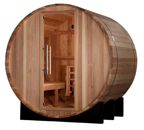 Front Left Side View Of The Golden Designs St. Moritz 2-Person Barrel Sauna | GDI-B002-01