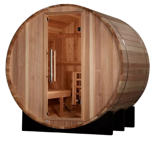 Front Left Side View Of The Golden Designs St. Moritz 2-Person Barrel Sauna | GDI-B002-01