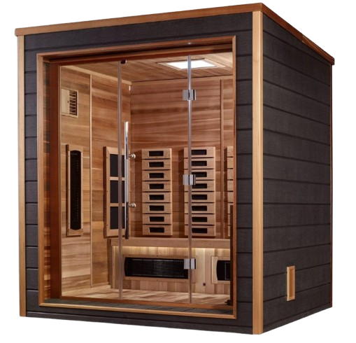 Front Left Side View Of The Golden Designs Visby 3-Person Hybrid Outdoor Sauna | GDI-8223-01