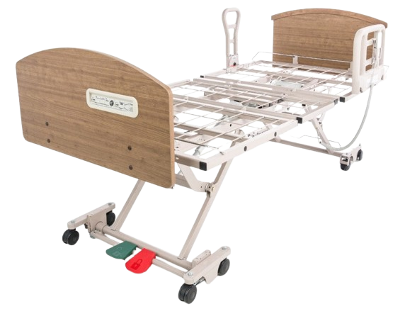 Front Left Side View Of The Graham Field Matrix 6200 Hi-Low Hospital Homecare Bed Shown In The Elevated Flat Position With Side Rails