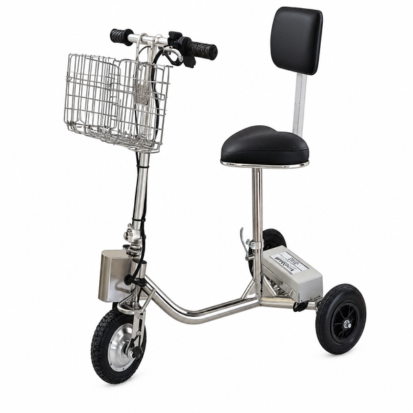 Front Left Side View Of The HandyScoot Lightweight Travel Mobility Scooter Shown With Front Basket Attached