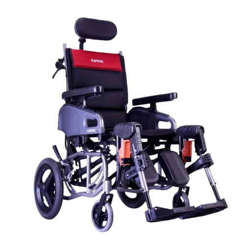 Front Left Side View Of The Karman VIP2-TR Tilt-In-Space Transport Wheelchair Shown With Elevating Leg Rests