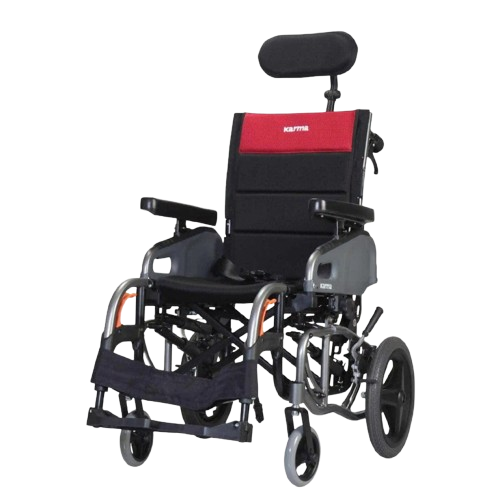 Front Left Side View Of The Karman VIP2-TR Tilt-In-Space Transport Wheelchair Shown With Standard Leg Rests