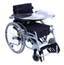 Front Left Side View Karman XO-101 Standing Wheelchair Shown With Food Tray And In The Seated Position