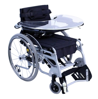 Front Left Side View Karman XO-101 Standing Wheelchair Shown With Food Tray And In The Seated Position