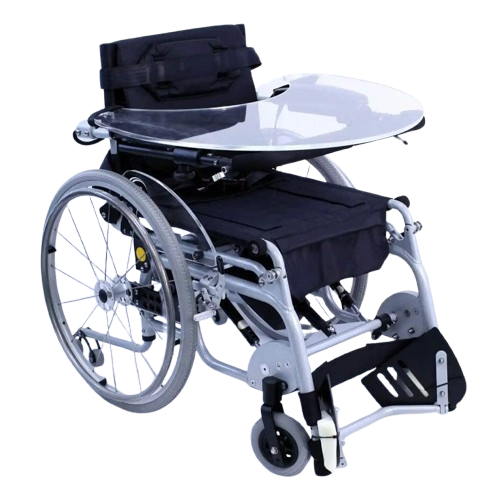 Front Left Side View Karman XO-101 Standing Wheelchair Shown With Food Tray And In The Seated Position