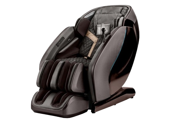 Front Left Side View Of The Kyota Hatsumei M900 AI 4D Massage Chair In Dark Brown Color