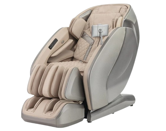 Front Left Side View Of The Kyota Hatsumei M900 AI 4D Massage Chair In Gray And Tan Color