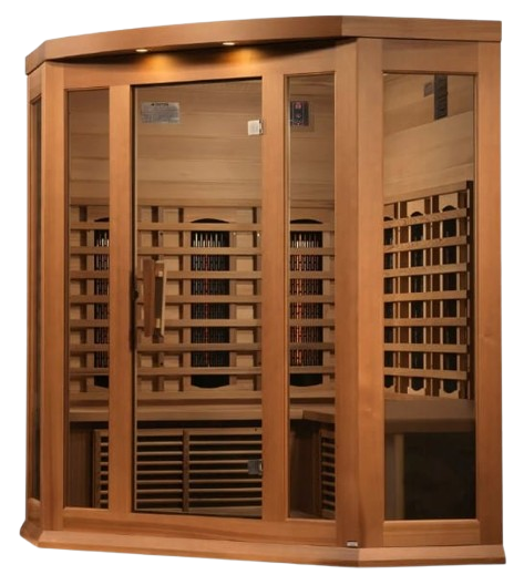 Front Left Side View Of The Maxxus 3-Person Full Spectrum Near Zero EMF Infrared Indoor Corner Sauna | MX-M356-01-FS CED