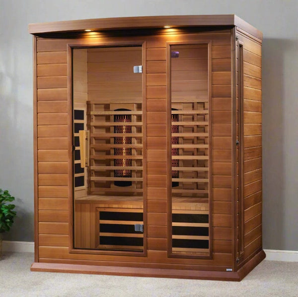 Front Left Side View Of The Maxxus 3-Person Near Zero EMF Full Spectrum Infrared Indoor Sauna | MX-M306-01-FS-CED Shown In An Indoor Setting