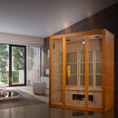 Front Left Side View Of The Maxxus Alpine 3-Person Low EMF FAR Infrared Indoor Sauna | MX‐J306‐02S Shown In An Indoor Setting