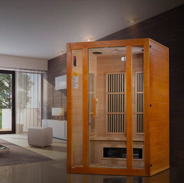 Front Left Side View Of The Maxxus Aspen 2-Person Low EMF FAR Infrared Indoor Sauna | MX‐J206‐02S Shown In An Indoor Setting