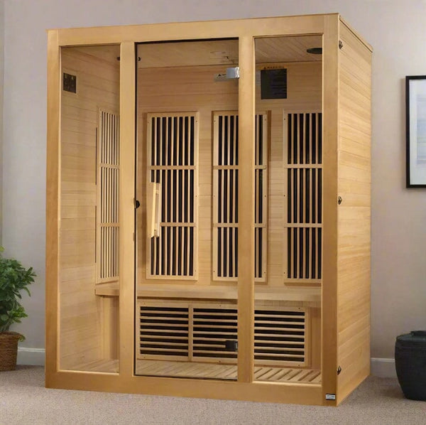 Front Left Side View Of The Maxxus Bellevue 3-Person Low EMF FAR Infrared Indoor Sauna | MX-J306-01 Shown In An Indoor Setting