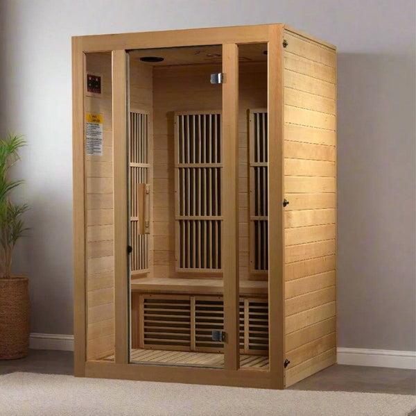 Front Left Side View Of The Maxxus Seattle 2-Person Low EMF FAR Infrared Indoor Sauna | MX-J206-01 Shown In An Indoor Setting