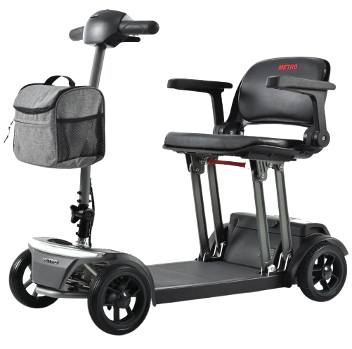 Front Left Side View Of The Metro Mobility Air Traveller 4 Wheel Travel Mobility Scooter