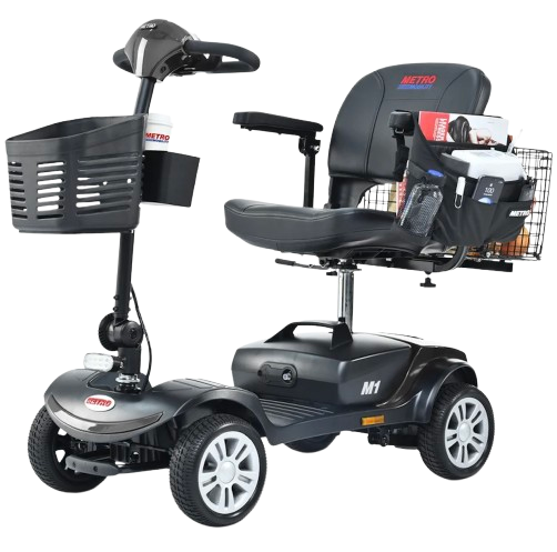 Front Left Side View Of The Metro Mobility M1 Mobility Scooter Shown In Black Color