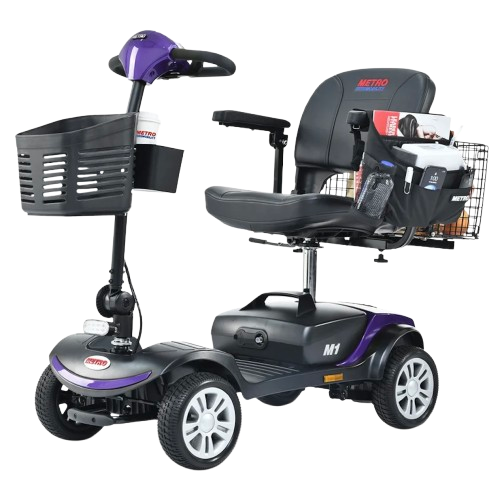 Front Left Side View Of The Metro Mobility M1 Mobility Scooter Shown In Purple Color