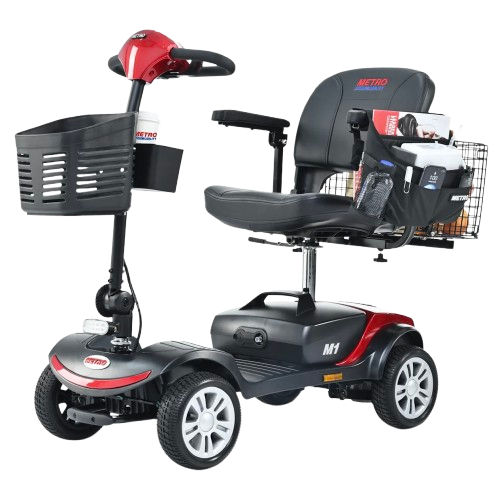 Front Left Side View Of The Metro Mobility M1 Mobility Scooter Shown In Red Color