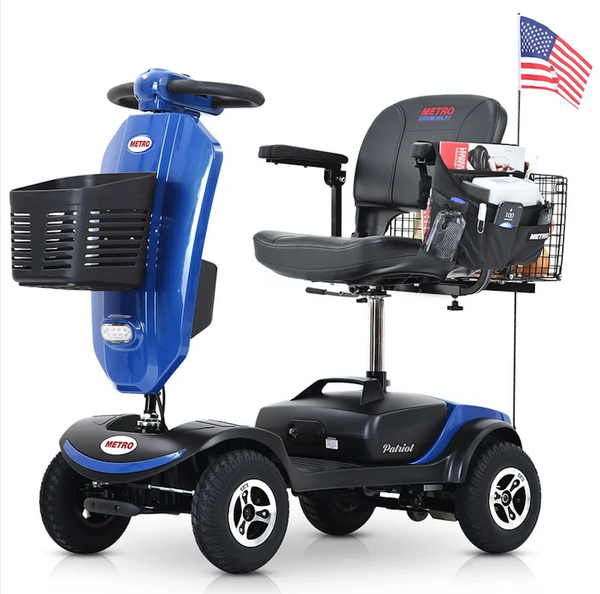 Front Left Side View Of The Metro Mobility Patriot 4 Wheel Mobility Scooter Shown In The Blue Color