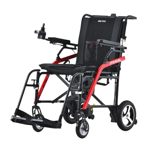 Front Left Side View Of The Metro Mobility iTravel Lite Lightweight Electric Wheelchair