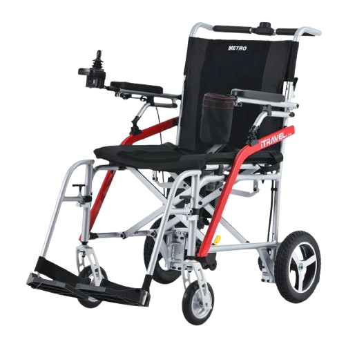 Front Left Side View Of The Metro Mobility iTravel Lite Lightweight Electric Wheelchair Shown In Silver Color