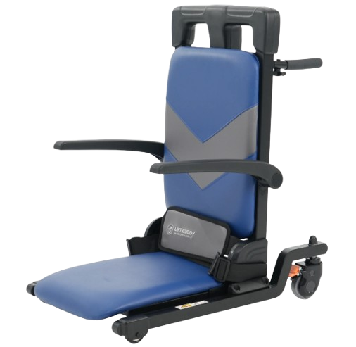 Front Left Side View Of The Mobile Patient Lift Buddy Motorized Floor To Seat Fall Recovery Patient Lift Chair For Seniors Shown In The Flat Chair Position