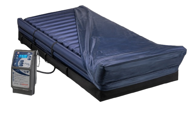 Front Left Side View Of The Moxi SelectAir Max, Alternating Pressure Air Mattress System Shown With The Control Unit Attached And The Cover Slightly Removed