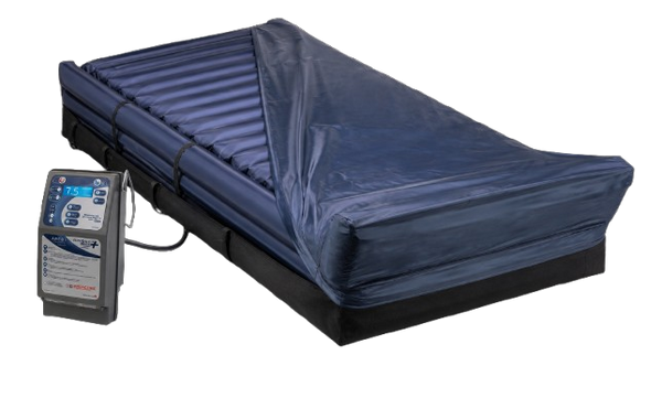 Front Left Side View Of The Moxi SelectAir Max, Alternating Pressure Air Mattress System Shown With The Control Unit Attached And The Cover Slightly Removed